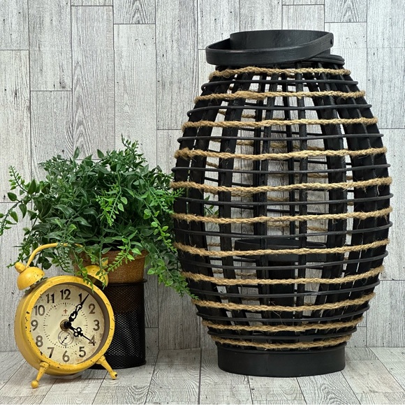 Lantern Home Decor Wooden & Twine Rope With A Center Candle Holder Black & Tan - Picture 3 of 7